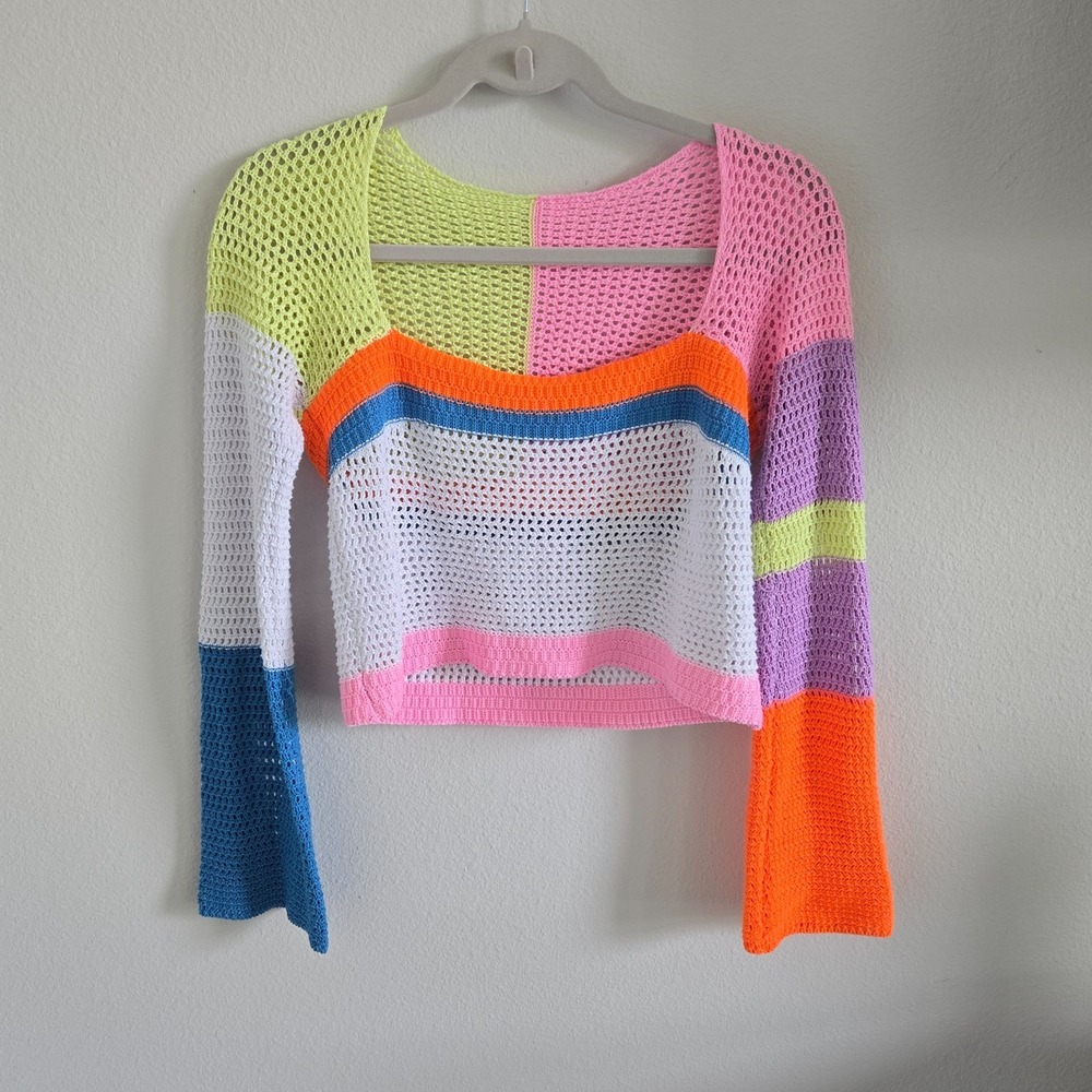 Unbranded Crochet Crop Top Womens Small Multicolor Color Block Bell Sleeve Boho